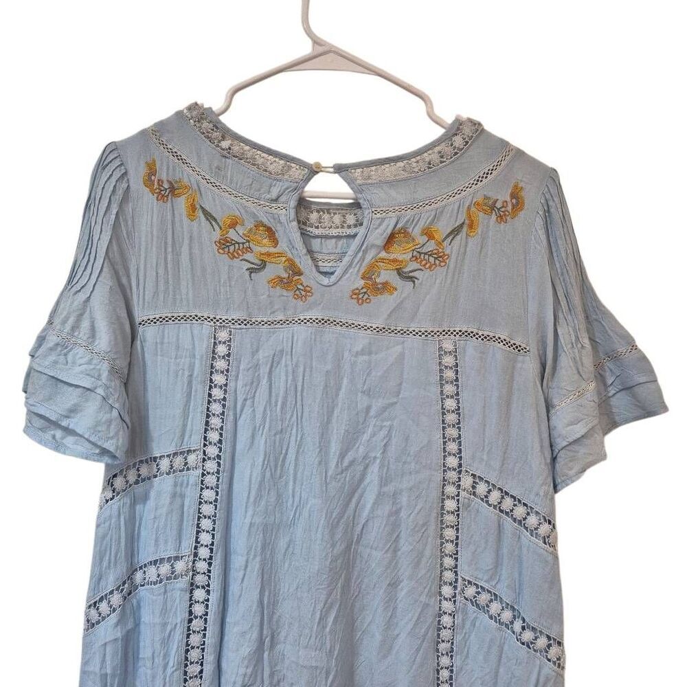 Brass & Roe Light Blue Embroidered Floral Swing Dress Lace Trim Flutter Sleeve M - Picture 13 of 16